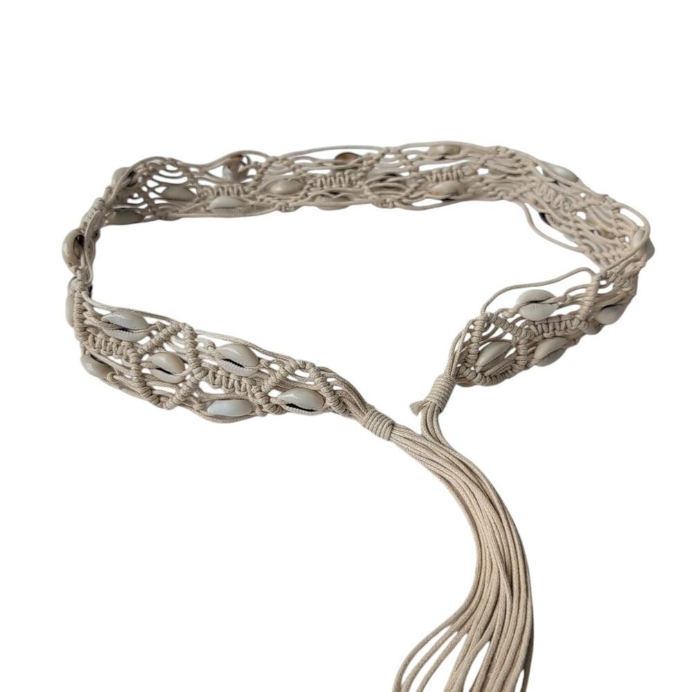 Boho Macrame Cowrie Shell Tie Belt Beige Woven Cord Festival Whimsy Accessory